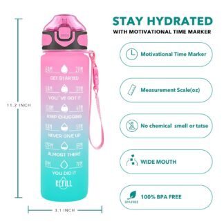 Enerbone 32 oz Drinking Water Bottle with Times to Drink and Straw, Motivational with Carrying Strap, Leakproof BPA & Toxic Free, Ensure You Drink Enough Water for Fitness Gym...