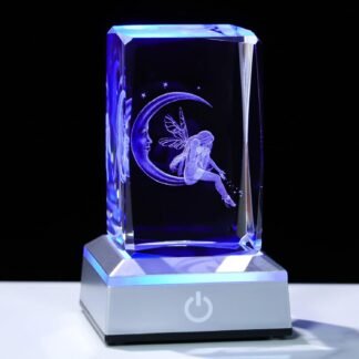 Enjinkail 3D Crystal Cube Fairy & Moon Figurines Night Light Room Decor Engraved Glass Fairy Gifts for Girls Adults Women, Collectible Paperweight Statue Ornament