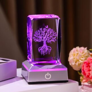 Enjinkail Tree of Life Crystal Cube - 3D Laser Engraved Color Changing LED Light Base | Premium Home Desk Decor, Spiritual Gifts for Women Men, Night Light & Paperweight