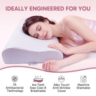 Ergonomic Memory Foam Pillow 2 heights, Cervical Support Relieve Neck Back Pain, Breathable Cool Ice Silk Anti-Wrinkle Cover, SGS Certificates, for Side Back Stomach Sleeper,...