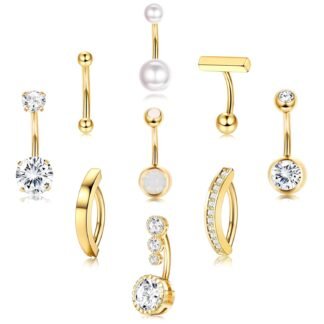 FIASASO 9 Pcs Belly Button Ring - Surgical Stainless Steel CZ Belly Rings Clicker Belly Piercings for Women Navel Piercing Jewelry Pack