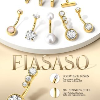 FIASASO 9 Pcs Belly Button Ring - Surgical Stainless Steel CZ Belly Rings Clicker Belly Piercings for Women Navel Piercing Jewelry Pack