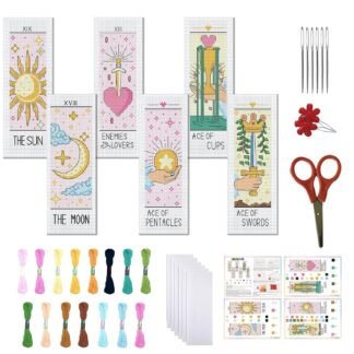 FREEBLOSS 6 Set Cross Stitch Bookmark Kit Stamped Cross Stitch Kit Tarot Cards Theme Embroidery Set with Instruction for Adults 8''*2.4''