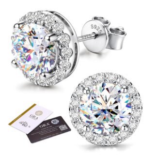 GEMQUEEN Moissanite Halo Earrings Studs : 18K Gold Plated Solid 925 Sterling Silver Stud Earring for Women Men Hypoallergenic Dainty Moissanite Jewelry for Sensitive Ear Round...