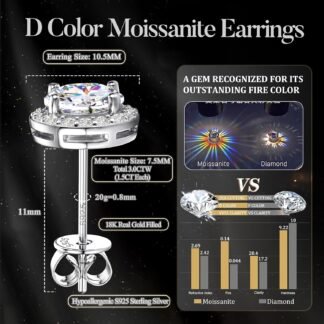 GEMQUEEN Moissanite Halo Earrings Studs : 18K Gold Plated Solid 925 Sterling Silver Stud Earring for Women Men Hypoallergenic Dainty Moissanite Jewelry for Sensitive Ear Round...