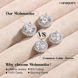 GEMQUEEN Moissanite Halo Earrings Studs : 18K Gold Plated Solid 925 Sterling Silver Stud Earring for Women Men Hypoallergenic Dainty Moissanite Jewelry for Sensitive Ear Round...