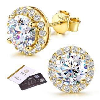 GEMQUEEN Moissanite Halo Earrings Studs : 18K Gold Plated Solid 925 Sterling Silver Stud Earring for Women Men Hypoallergenic Dainty Moissanite Jewelry for Sensitive Ear Round...