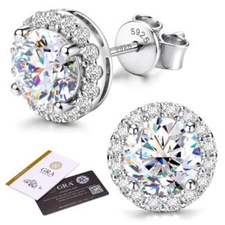 GEMQUEEN Moissanite Halo Earrings Studs : 18K Gold Plated Solid 925 Sterling Silver Stud Earring for Women Men Hypoallergenic Dainty Moissanite Jewelry for Sensitive Ear Round...