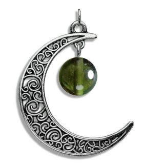 Genuine Moldavite Tibetan Silver Celtic Crescent Moon Pendant Jewelry Necklace, 10MM Bead- Green Tektite Necklace with Certificate of Authenticity