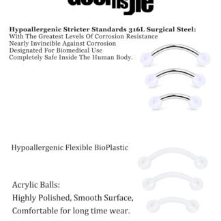 Goerhsjie 16g 6/8/10mm White/Pink/Black Eyebrow/Rook/Snug/Vertical-Labret/VCH/Snake-Eyes/Anti-Tragus/Christina/Daith/Belly-Button/Bridge/Hood/Surface Curved Barbell Piercing...