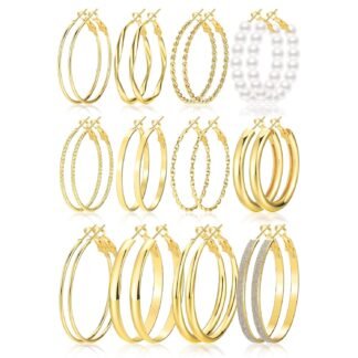 Gold Hoop Earrings Set for Women, 12 Pairs Hypoallergenic Large/Big Thin Thick Gold Hoops Earrings Loop Pack for Jewelry Gift 40mm/50mm