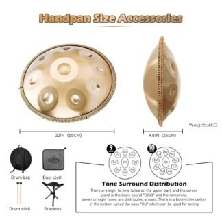 Handpan 22 Inches Drum Set, 440Hz 9 Notes Hand Drum Instrument, Premium Steel Hand Drum, Includes Carrying Case, Drumsticks, Spiral Wraps, Instruction Guide