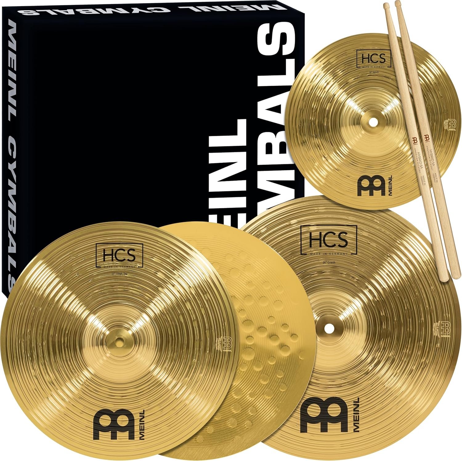 HCS Cymbal Set Box Pack for Drums with 13 Hihats 14 Crash Plus Free 10 Splash Sticks Lessons MADE IN GERMANY Durable Brass 2-YEAR WARRANTY - lunas-mystic-emporium.com HCS Cymbal Set Box Pack for Drums with 13" Hihats, 14" Crash, Plus Free 10" Splash, Sticks, Lessons — MADE IN GERMANY — Durable Brass, 2-YEAR WARRANTY