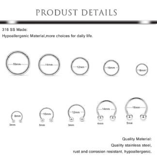 Hoeudjo 16G Stainless Steel Hinged Clicker Segment Septum Rings Horseshoe Earring Nose Lip Ring Hoop Cartilage Tragus Daith Helix Sleeper Earrings Body Piercing Jewelry 8mm-16mm