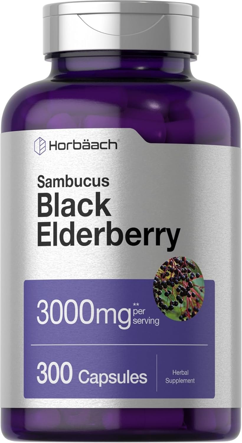 Horbäach Black Elderberry | 3000mg Capsules | 300 Count | Non-GMO Gluten Free | Sambucus Supplement - lunas-mystic-emporium.com Horbäach Black Elderberry | 3000mg Capsules | 300 Count | Non-GMO, Gluten Free | Sambucus Supplement
