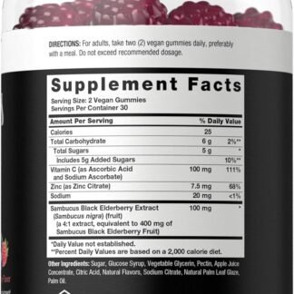 Horbaach Sambucus Black Elderberry Gummies | 60 Count | with Zinc and Vitamin C | Vegan, Non-GMO, Gluten Free Extract for Adults | Berry Flavor | by Berkshire Labs