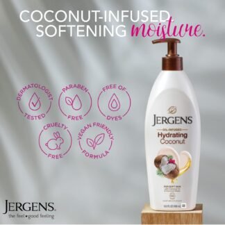 Jergens Hydrating Coconut Body Lotion, Hand and Body Moisturizer, Infused with Coconut Oil, Hydrates Dry Skin Instantly, Dermatologist Tested, 16.8 oz, Pack of 3