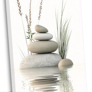 KBIERQN Zen Stone Canvas Wall Art Stacked Stones in Water Poster Print Tranquil Wild Grass Painting Picture for Spa Yoga Meditation Room Bathroom Wall Decor 12x16in Framed Ready...