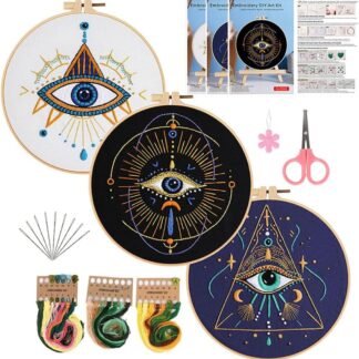 Konrisa 3 Pcs Embroidery Kits with Tarot Cards and Eyes Pattern, Stamped Embroidery Starter Kit for Beginners Adults Needlepoint Kits DIY Sewing Cross Stitch Practice Kit Home...