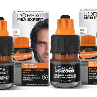 L’Oreal Paris Men Expert One Twist Mess Free Permanent Hair Color, Mens Hair Dye to Cover Grays, Easy Mix Ammonia Free Application, Dark Brown 03, 2 Application Kit