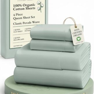 LANE LINEN 100% Organic Cotton Queen Sheets, Fully Elasticized Soft & Comfy Classic Percale Weave, Low Pill Fade Resistant Machine Washable Sheet & Pillowcase Sets, 15" Deep...