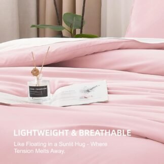 Litanika Pink Comforter Set Queen Size, 3 Pieces Lightweight Soft Fluffy Solid Bedding Set, All Season Bed Set (90x90In Comforter & 2 Pillowcases)