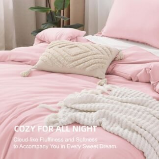 Litanika Pink Comforter Set Queen Size, 3 Pieces Lightweight Soft Fluffy Solid Bedding Set, All Season Bed Set (90x90In Comforter & 2 Pillowcases)