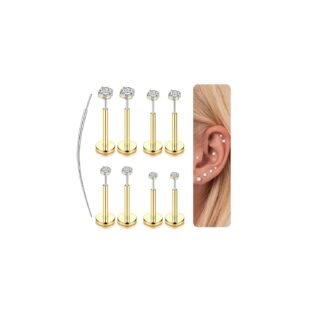 LOLIAS 14K Gold Plated Threadless Nose Studs CZ Nose Rings for Women Men 316L Surgical Steel Labret Studs Lip Rings Push in Flat Back Stud Earrings CZ Nose Nostril Tragus Helix...