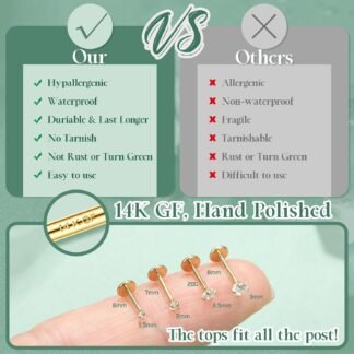 LOLIAS 14K Gold Plated Threadless Nose Studs CZ Nose Rings for Women Men 316L Surgical Steel Labret Studs Lip Rings Push in Flat Back Stud Earrings CZ Nose Nostril Tragus Helix...