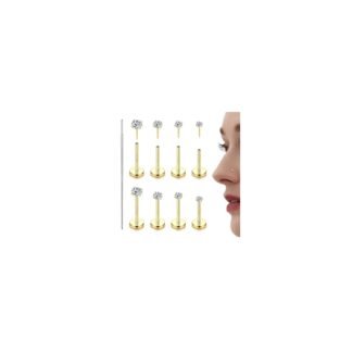 LOLIAS 14K Gold Plated Threadless Nose Studs CZ Nose Rings for Women Men 316L Surgical Steel Labret Studs Lip Rings Push in Flat Back Stud Earrings CZ Nose Nostril Tragus Helix...