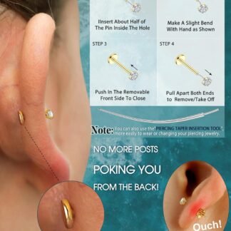 LOLIAS 14K Gold Plated Threadless Nose Studs CZ Nose Rings for Women Men 316L Surgical Steel Labret Studs Lip Rings Push in Flat Back Stud Earrings CZ Nose Nostril Tragus Helix...