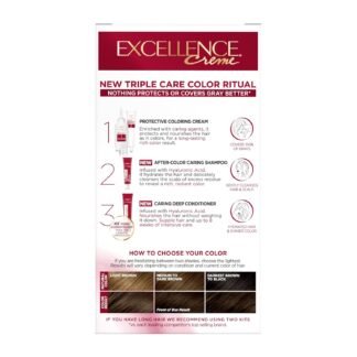 L'Oreal Paris Excellence Crème Permanent Hair Dye, Triple Care Hair Color with Hyaluronic Acid for 100% Gray Coverage, 4 Dark Brown, 1 Kit (Packaging May Vary)