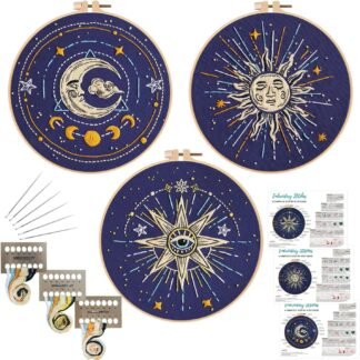 Louise Maelys 3 Set Tarot Embroidery Kits for Beginners,Cross Stitch Kit for Adults,Starters DIY Needlepoint Including Embroidery Cloth with Sun Moon Star Evil Eye Pattern and...