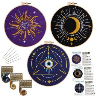Louise Maelys 3 Set Tarot Embroidery Kits for Beginners with Sun Moon Evil Eye Pattern,Adults Starter Cross Stitch Kit DIY Needlepoint