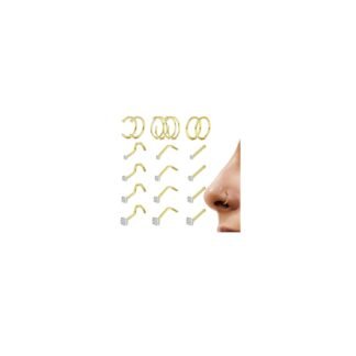 LOYALLOOK 18Pcs Nose Rings Studs - 316L Surgical Steel 14K Gold Plated Nose Studs Double Hoop Nose Ring for Women Men 18G/20G Nose Rings Stud Hypoallergenic Nose/Body Piercing...