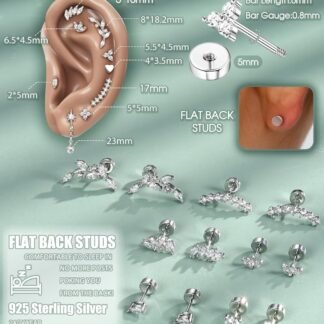 LOYALLOOK 925 Sterling Silver Flat Back Stud Earrings for Women Hypoallergenic | 14K Gold Plated Cartilage Earrings for Sensitive Ears | Small CZ Helix Conch Tragus Piercing...