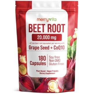 MERRY VITA Beet Root Capsules with Grape Seed & CoQ10 - Blood Pressure Support Supplement - Nitric Oxide Booster - Super Beets Supplement for Heart, Energy, Circulation - 180...