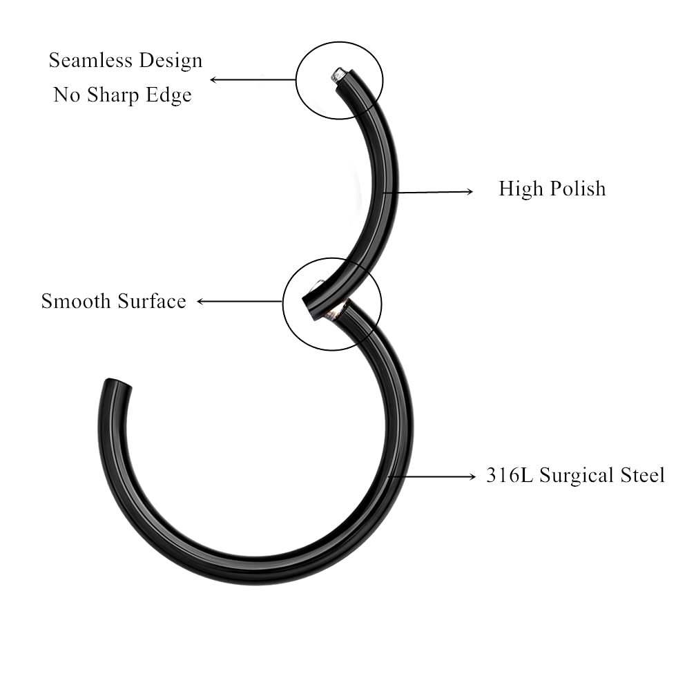 MissNity 316L Surgical Steel Hinged Nose Rings Hoop 20G 18G 16G 14G Diameter 6mm to 10mm Color Gold - Rose Gold - Silver - Black - Rainbow - lunas-mystic-emporium.com MissNity 316L Surgical Steel Hinged Nose Rings Hoop 20G 18G 16G 14G, Diameter 6mm to 10mm, Color Gold - Rose Gold - Silver - Black - Rainbow