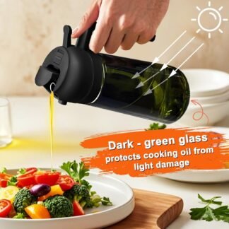 mqnxoi 2 in 1 Glass Oil Sprayer & Dispenser,16oz/470ml Olive Cooking, Air Fryer, and Salad, for Kitchen Gadgets and Air Fryer Accessories, w/Stickers (Black + Dark Green Bottle 2)
