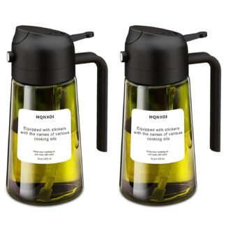 mqnxoi 2 in 1 Glass Oil Sprayer & Dispenser,16oz/470ml Olive Cooking, Air Fryer, and Salad, for Kitchen Gadgets and Air Fryer Accessories, w/Stickers (Black + Dark Green Bottle 2)