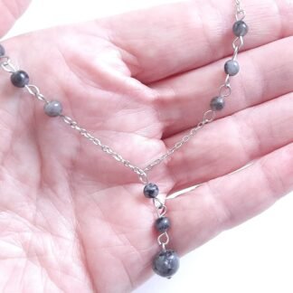Natural Crystal Bead Blue Labradorite Stone Y Shaped Lariat Necklace Non-Tarnish Steel Chain