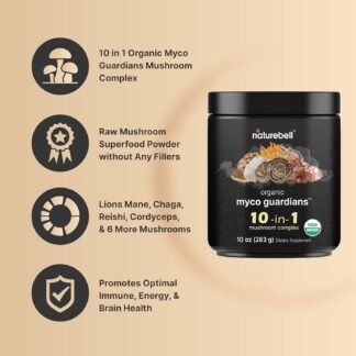 NatureBell Organic Mushroom Powder, 10oz | 10-in-1 Adaptogenic Blend with Lion’s Mane, Reishi, Shiitake, Chaga & More | Great for Coffee, Smoothies & Recipes