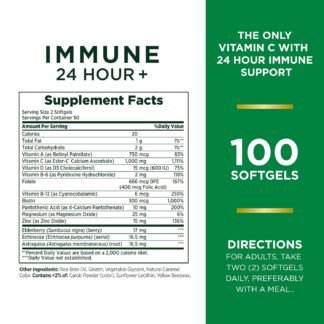Nature's Bounty Vitamin C 24 Hour Immune Support with Zinc and Vitamin D, Daily Immune and Upper Respiratory Support, Ester Vitamin C 1000mg Capsules (Softgels), 100 Count