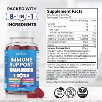 NEW AGE 8 in 1 Immune Support Booster Supplement with Astragalus Root, Vitamin C and Zinc 50mg, Vitamin D 5000 IU, Quercetin & Bromelain (8 in 1 Gummies (Pack of 2))