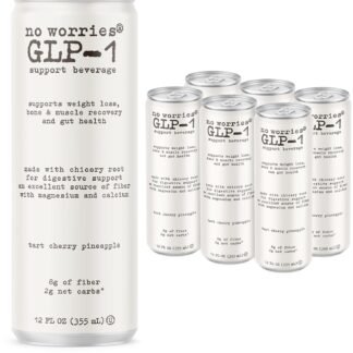 No Worries GLP-1 Support Beverage, Tart Cherry Pineapple, Ready to Drink GLP1 Support with Chicory Root, 8g of fiber, Magnesium, Calcium, 2g of net carbs, Lightly Sparkling,...