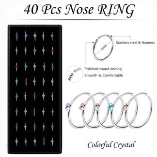 Nose Rings Studs and Hoops, Surgical Stainless Steel Hypoallergenic Nose Rings Set for Women Men, Straight/L/Screw Shaped and 1.5/2.0/2.5mm Rhinestone Nose Piercing Jewelry and...