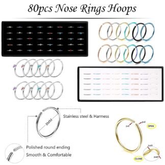 Nose Rings Studs and Hoops, Surgical Stainless Steel Hypoallergenic Nose Rings Set for Women Men, Straight/L/Screw Shaped and 1.5/2.0/2.5mm Rhinestone Nose Piercing Jewelry and...