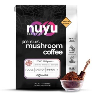 Nuyu Medium Roast Premium Mushroom Coffee, 12 oz, Specialty Ground 100% Arabica, 2000mg Functional Mushrooms, Lion's Mane, Reishi, Chaga, Cordyceps for Cognition, Energy and...
