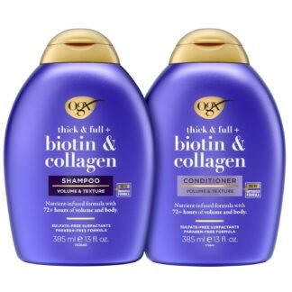OGX Thick & Full + Biotin and Collagen for Hair Volume & Body, Sulfate Free Volumizing Shampoo & Conditioner Set for Fine & Thinning Hair, Nutrient-Infused, Vitamin B7, 13 fl...