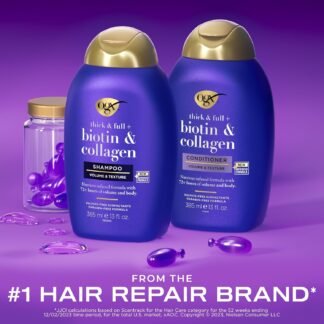 OGX Thick & Full + Biotin and Collagen for Hair Volume & Body, Sulfate Free Volumizing Shampoo & Conditioner Set for Fine & Thinning Hair, Nutrient-Infused, Vitamin B7, 13 fl...